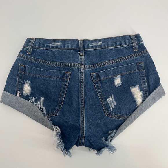 Glamorous Women's Blue Denim Shorts Floral Embroidery Distressed Cuffed Size M - Picture 3 of 8